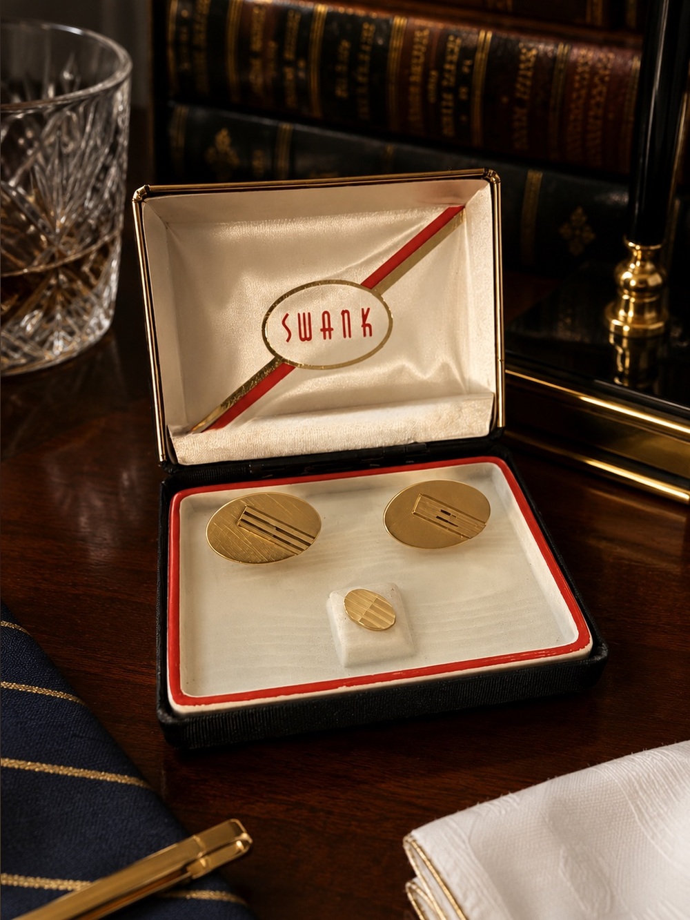Vintage SWANK Deluxe Cufflinks & Tie Pin Set | Gold Tone | Original Box | NIB